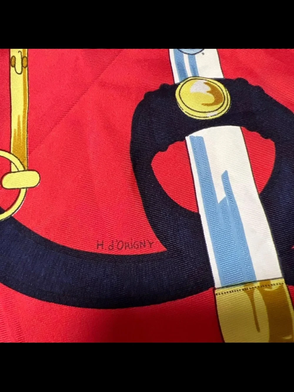 Hermes Navy Red Gold Equestrian Motif Silk Scarf